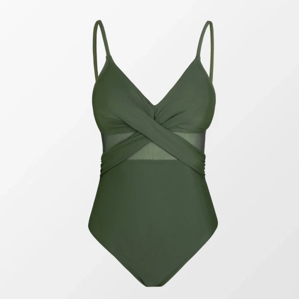 Women's V Neck One Piece Swimsuit Crisscross Mesh Mid Cut Bathing Suit-